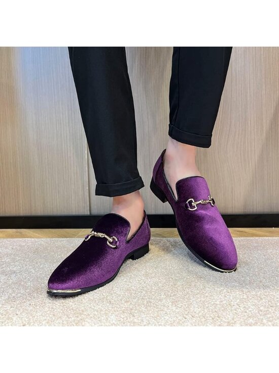 Men\'s Purple Velvet Penny Loafers Metal Buckle Slip On Luxury Suede Formal Shoes main image 4